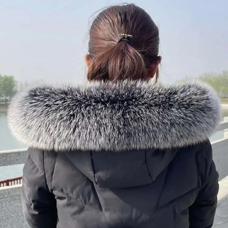 Winter Fox Fur Collar Women Real Fur Shawls Scarf Warm Genuine Leather Grass Down Jacket Cotton-padded Jacket Hood Trims Decor