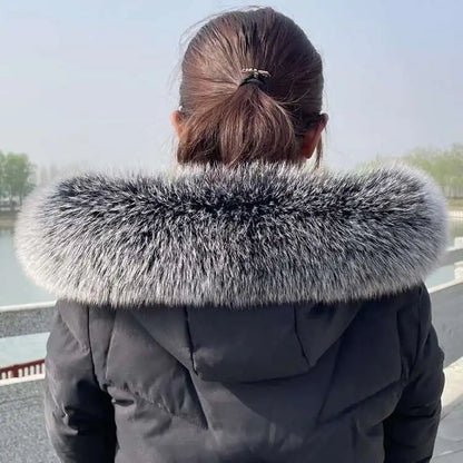 Winter Fox Fur Collar Women Real Fur Shawls Scarf Warm Genuine Leather Grass Down Jacket Cotton-padded Jacket Hood Trims Decor
