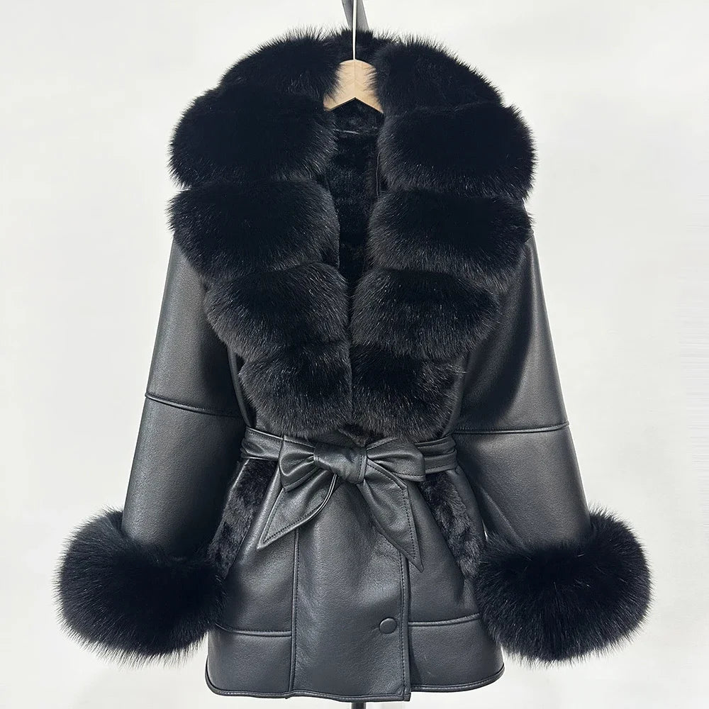 OFTBUY Real Fox Fur Jacket Lamb Fur Ladies 2025 Large Fur Coat Women Faux Leather Jacket New Autumn Winter Warm Outwear Tops