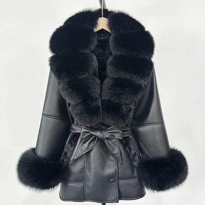 OFTBUY Real Fox Fur Jacket Lamb Fur Ladies 2025 Large Fur Coat Women Faux Leather Jacket New Autumn Winter Warm Outwear Tops