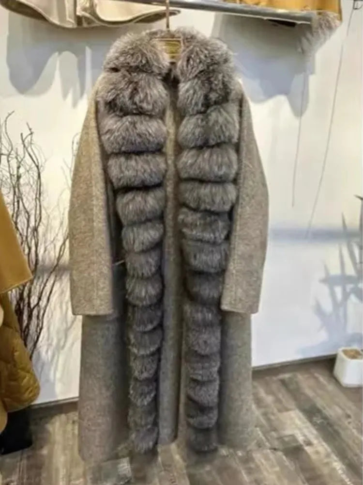 Women's Winter Jacket Natural Fox Fur Coat Wool Long Wool Coat With Fox Fur Collar High Quality Warm Woolen Coats
