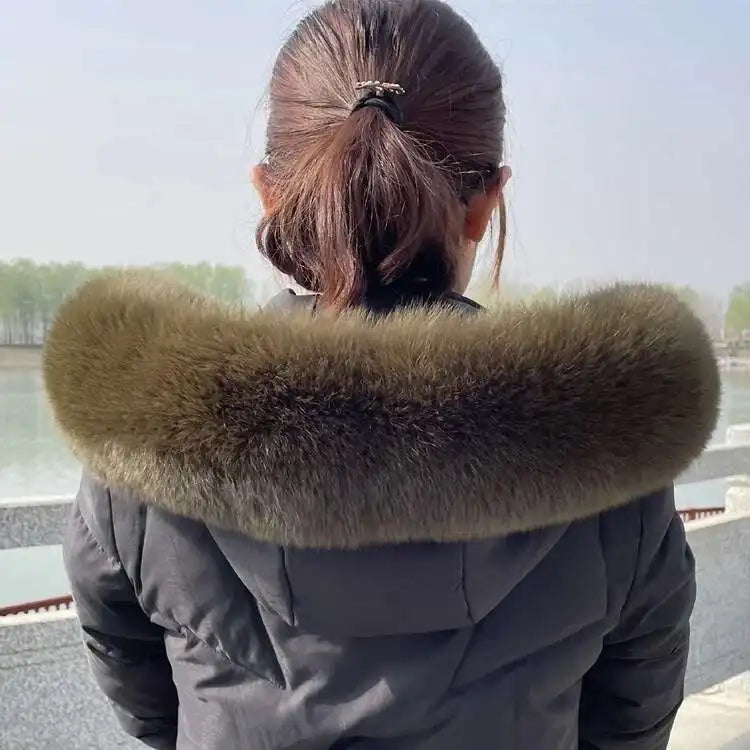 Winter Fox Fur Collar Women Real Fur Shawls Scarf Warm Genuine Leather Grass Down Jacket Cotton-padded Jacket Hood Trims Decor