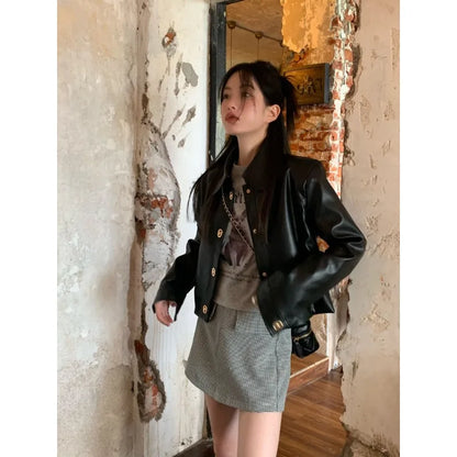 Black Motorcycle Jacket Leather Coat Women's 2025 Retro Fashion Top