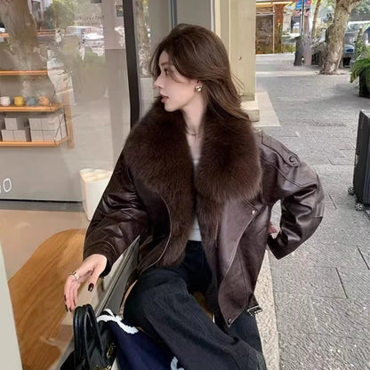OFTBUY Women's Detachable Real Fox Fur Collar Goose Down Jacket New Winter Top Clothes Oil Wax Faux Leather Puffer Coat Female