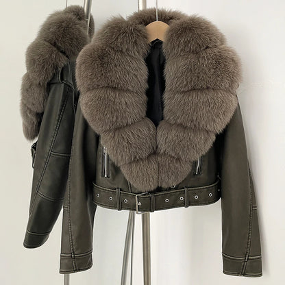 Fake Leather Coat New Natural Fox Fur Autumn Short Faux Leather Jacket Female Spring PU Women Long Sleeve Real Fur Coat Thin