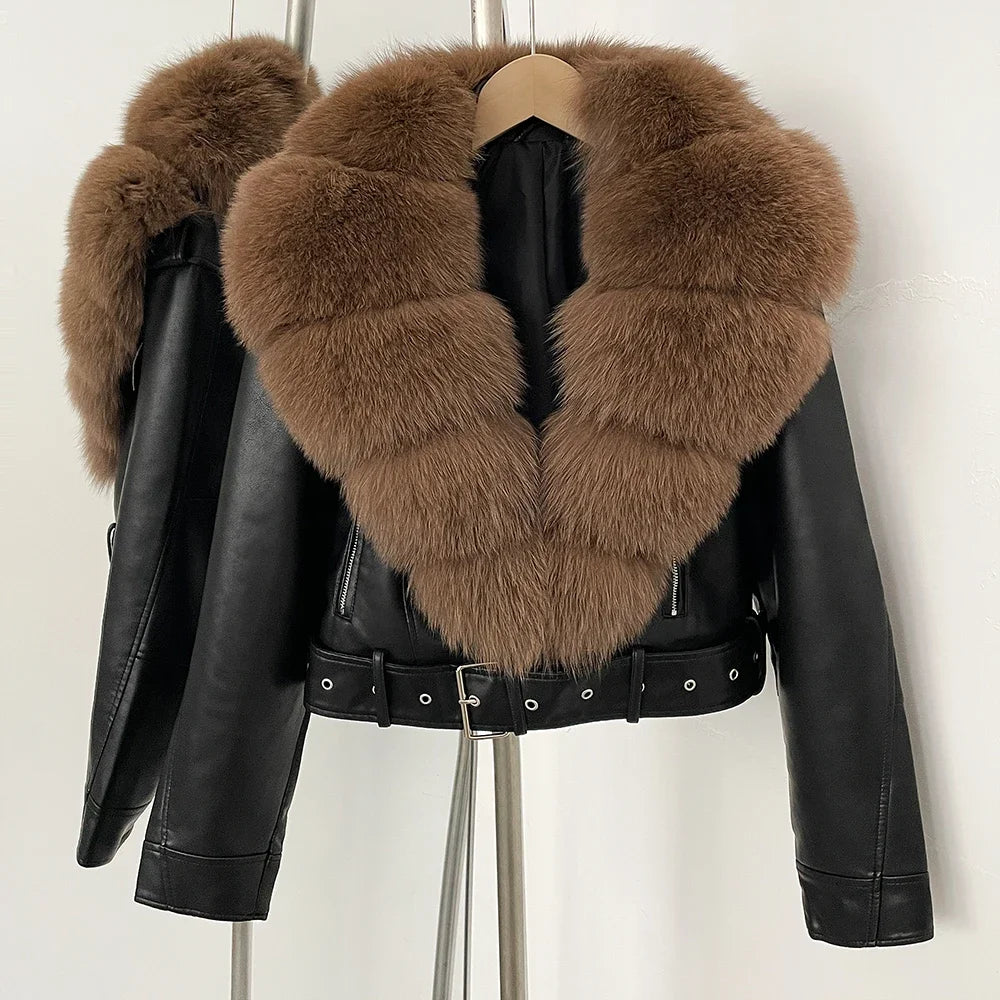 Fake Leather Coat New Natural Fox Fur Autumn Short Faux Leather Jacket Female Spring PU Women Long Sleeve Real Fur Coat Thin