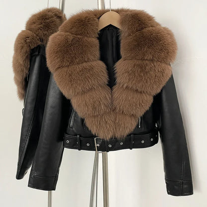 Fake Leather Coat New Natural Fox Fur Autumn Short Faux Leather Jacket Female Spring PU Women Long Sleeve Real Fur Coat Thin