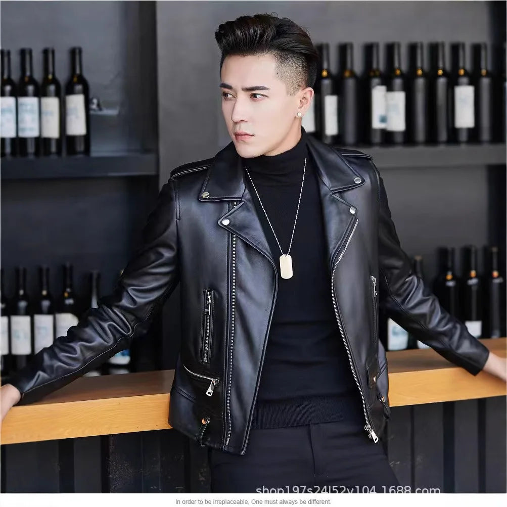 Printed Leather Jacket for Men in Spring Autumn with Lapel Zipper Trend Fashion Loose Casual Pu Leather Jacket