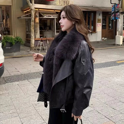OFTBUY Women's Detachable Real Fox Fur Collar Goose Down Jacket New Winter Top Clothes Oil Wax Faux Leather Puffer Coat Female