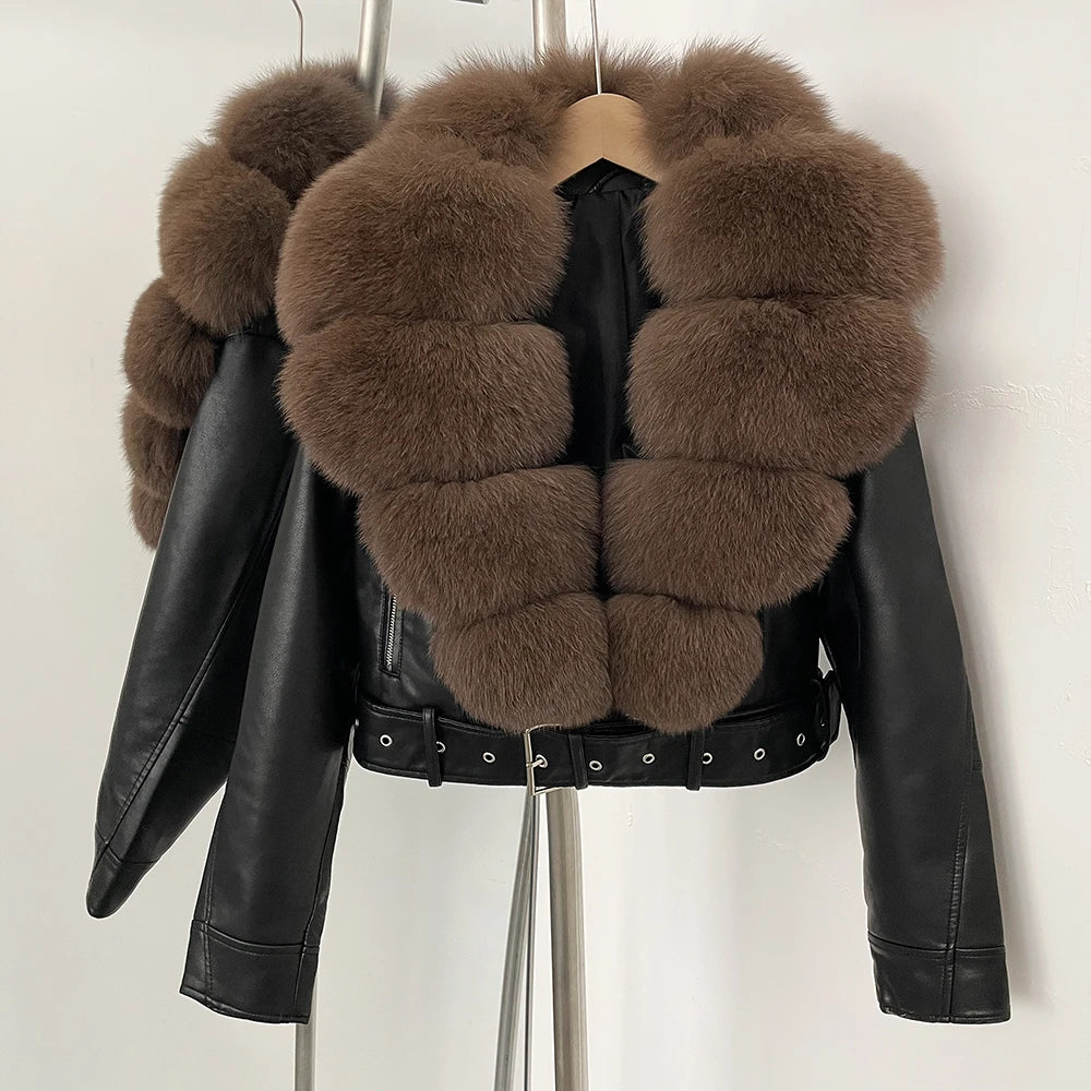 Fake Leather Coat New Natural Fox Fur Autumn Short Faux Leather Jacket Female Spring PU Women Long Sleeve Real Fur Coat Thin