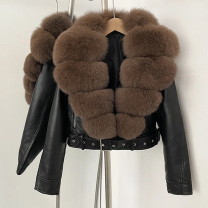 Fake Leather Coat New Natural Fox Fur Autumn Short Faux Leather Jacket Female Spring PU Women Long Sleeve Real Fur Coat Thin