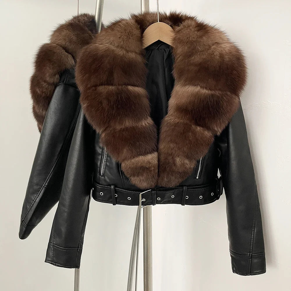 Fake Leather Coat New Natural Fox Fur Autumn Short Faux Leather Jacket Female Spring PU Women Long Sleeve Real Fur Coat Thin