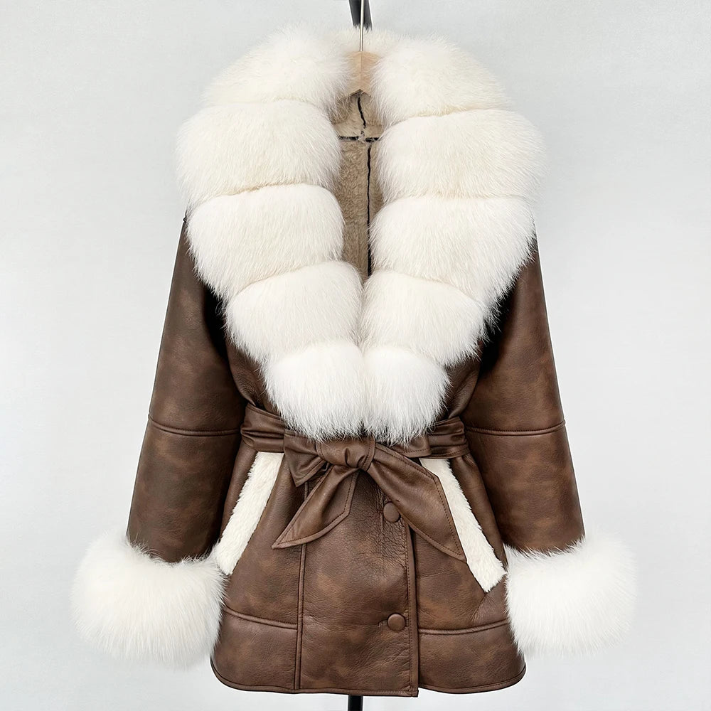 OFTBUY Real Fox Fur Jacket Lamb Fur Ladies 2025 Large Fur Coat Women Faux Leather Jacket New Autumn Winter Warm Outwear Tops