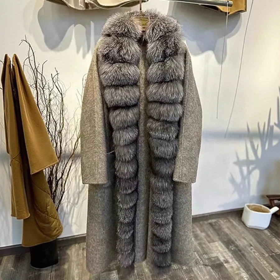 Women's Winter Jacket Natural Fox Fur Coat Wool Long Wool Coat With Fox Fur Collar High Quality Warm Woolen Coats