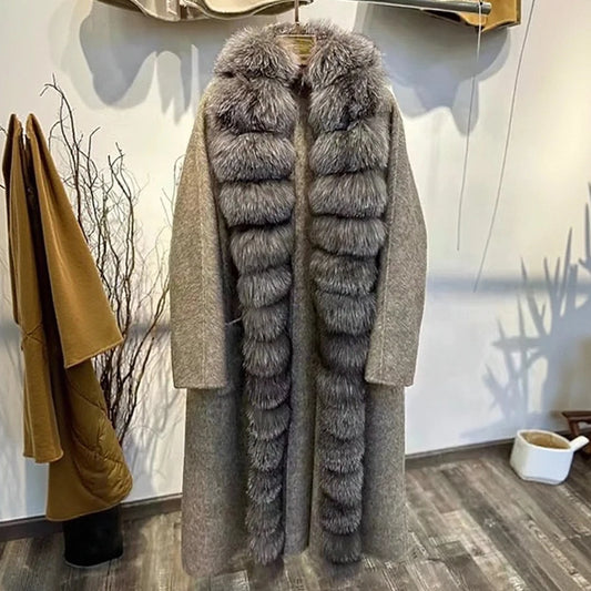 Women's Winter Jacket Natural Fox Fur Coat Wool Long Wool Coat With Fox Fur Collar High Quality Warm Woolen Coats