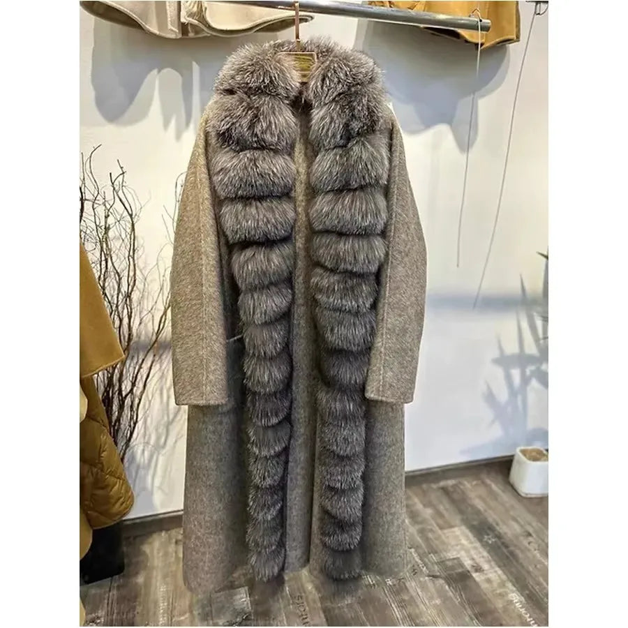 Women's Winter Jacket Natural Fox Fur Coat Wool Long Wool Coat With Fox Fur Collar High Quality Warm Woolen Coats