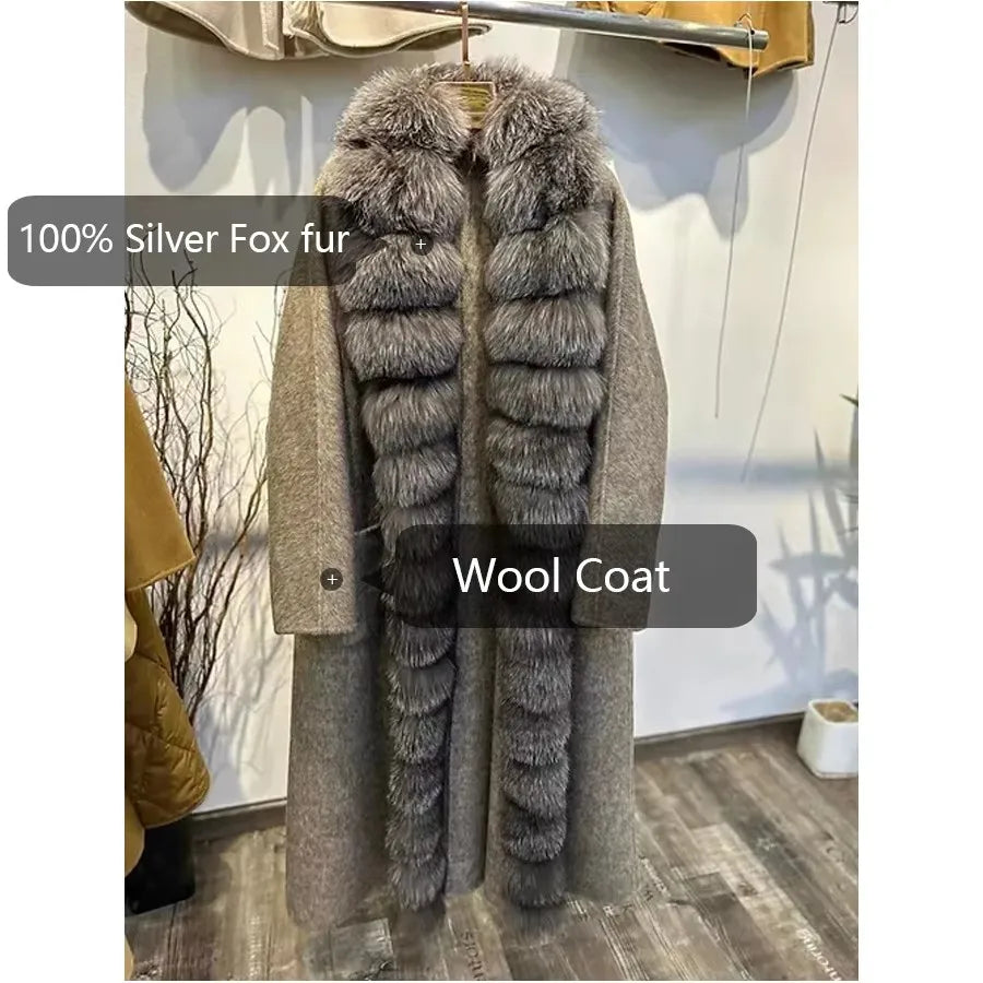 Women's Winter Jacket Natural Fox Fur Coat Wool Long Wool Coat With Fox Fur Collar High Quality Warm Woolen Coats