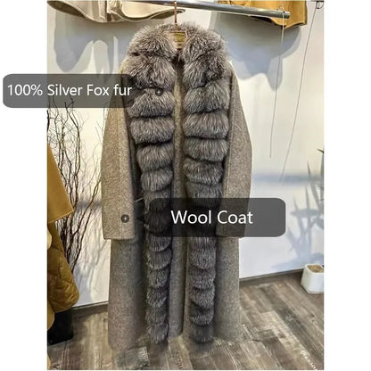 Women's Winter Jacket Natural Fox Fur Coat Wool Long Wool Coat With Fox Fur Collar High Quality Warm Woolen Coats