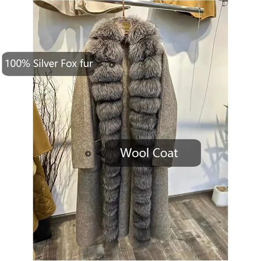 Women's Winter Jacket Natural Fox Fur Coat Wool Long Wool Coat With Fox Fur Collar High Quality Warm Woolen Coats
