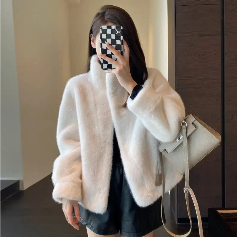 Spring Autumn Lady Short Leather Fur Outwear 2026 Women Fashion Stand Collar Mink Fur Top Female Long Sleeves Fox Jacket