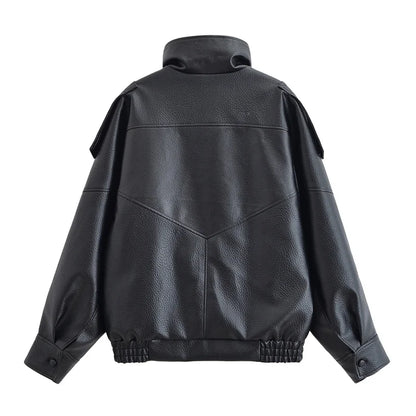 Women's Jacket Fall 2025 New Black Long Sleeve Pebble Faux Leather Jacket Motorcycle Style Personality Fashion