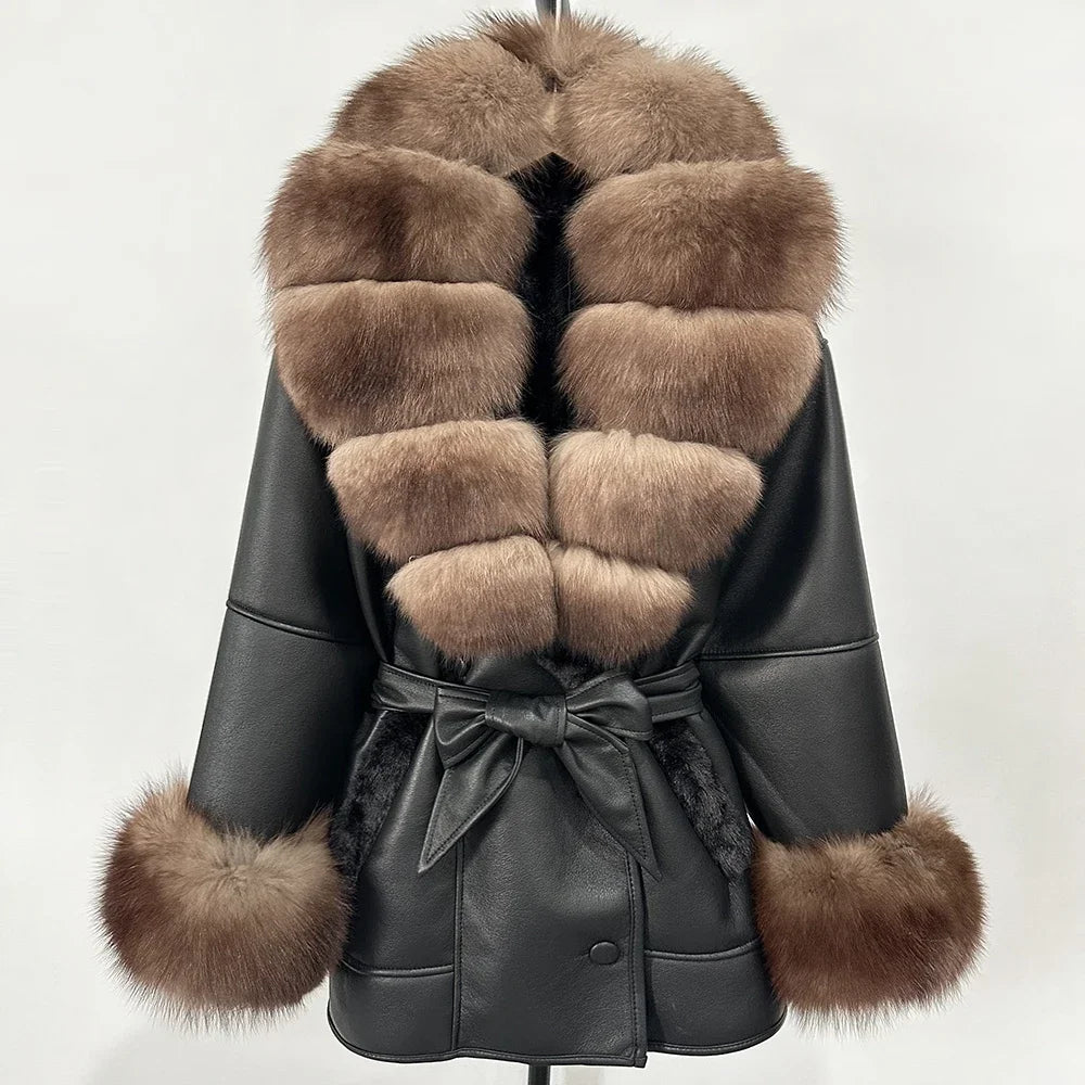 OFTBUY Real Fox Fur Jacket Lamb Fur Ladies 2025 Large Fur Coat Women Faux Leather Jacket New Autumn Winter Warm Outwear Tops