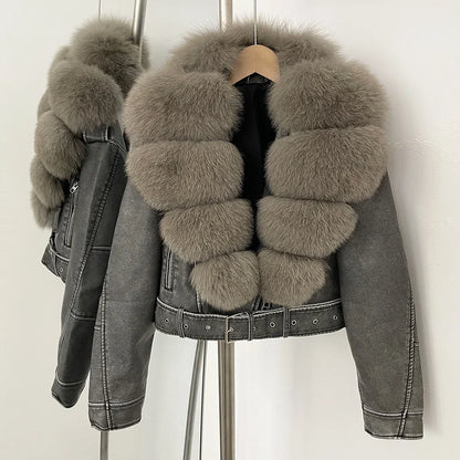 Fake Leather Coat New Natural Fox Fur Autumn Short Faux Leather Jacket Female Spring PU Women Long Sleeve Real Fur Coat Thin