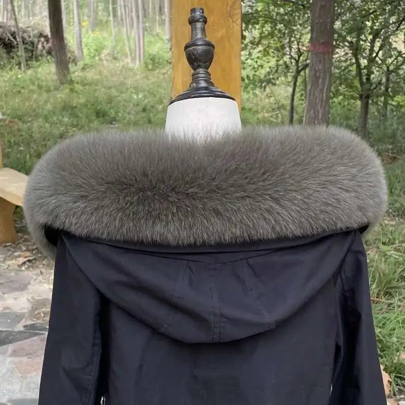 Winter Fox Fur Collar Women Real Fur Shawls Scarf Warm Genuine Leather Grass Down Jacket Cotton-padded Jacket Hood Trims Decor