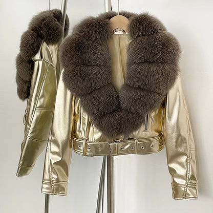 Fake Leather Coat New Natural Fox Fur Autumn Short Faux Leather Jacket Female Spring PU Women Long Sleeve Real Fur Coat Thin