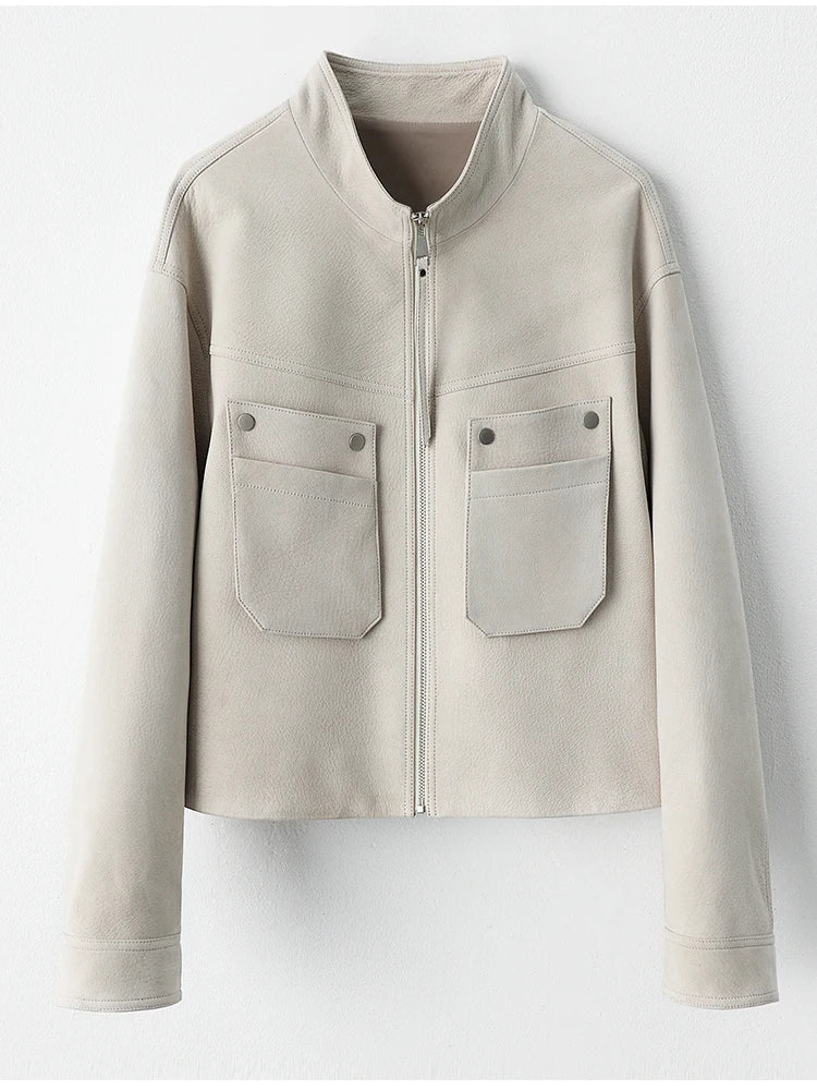 Genuine Leather Cropped Jackets for Women Spring Autumn High-end Simple Stand Collar Deer-patterned Real Goatskin Leather Coat