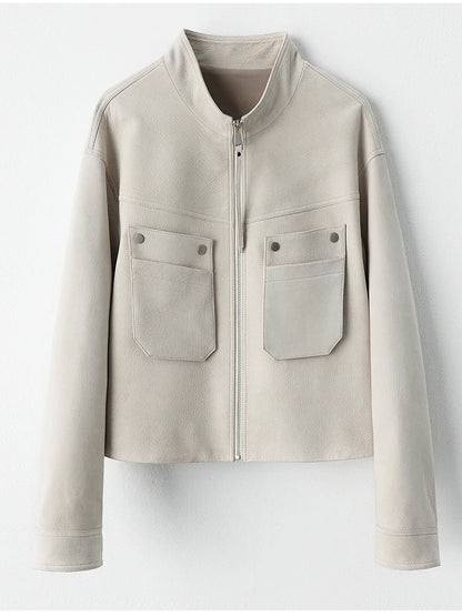 Genuine Leather Cropped Jackets for Women Spring Autumn High-end Simple Stand Collar Deer-patterned Real Goatskin Leather Coat