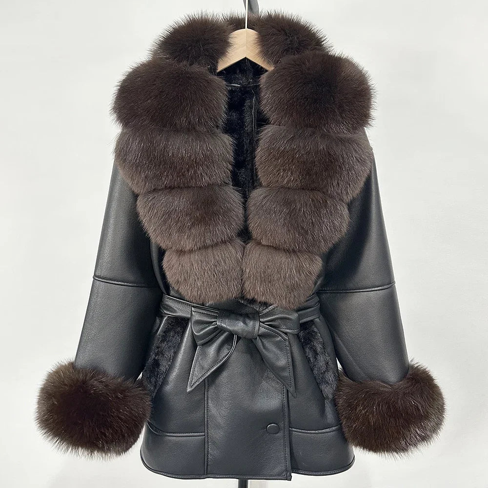 OFTBUY Real Fox Fur Jacket Lamb Fur Ladies 2025 Large Fur Coat Women Faux Leather Jacket New Autumn Winter Warm Outwear Tops
