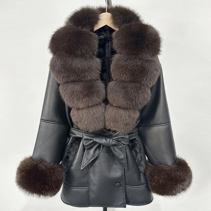 OFTBUY Real Fox Fur Jacket Lamb Fur Ladies 2025 Large Fur Coat Women Faux Leather Jacket New Autumn Winter Warm Outwear Tops