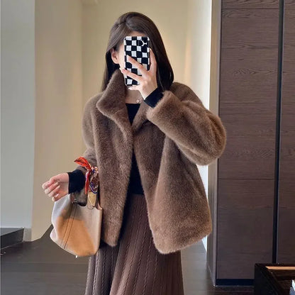 Spring Autumn Lady Short Leather Fur Outwear 2026 Women Fashion Stand Collar Mink Fur Top Female Long Sleeves Fox Jacket