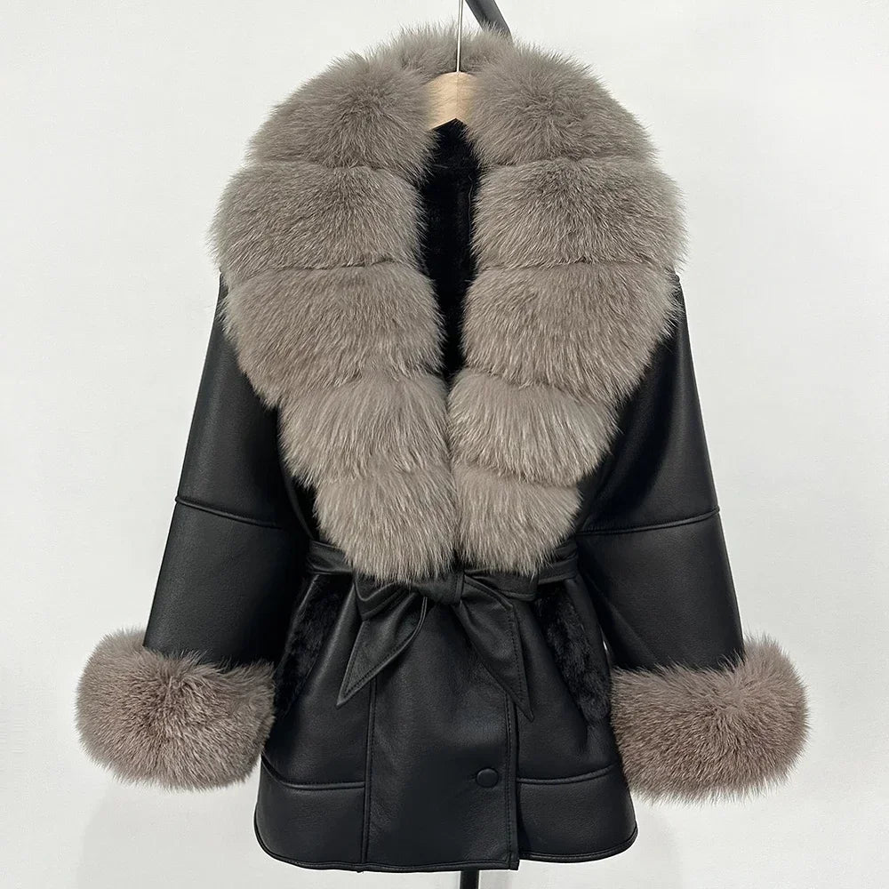 OFTBUY Real Fox Fur Jacket Lamb Fur Ladies 2025 Large Fur Coat Women Faux Leather Jacket New Autumn Winter Warm Outwear Tops