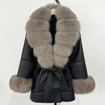 OFTBUY Real Fox Fur Jacket Lamb Fur Ladies 2025 Large Fur Coat Women Faux Leather Jacket New Autumn Winter Warm Outwear Tops