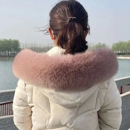 Winter Fox Fur Collar Women Real Fur Shawls Scarf Warm Genuine Leather Grass Down Jacket Cotton-padded Jacket Hood Trims Decor