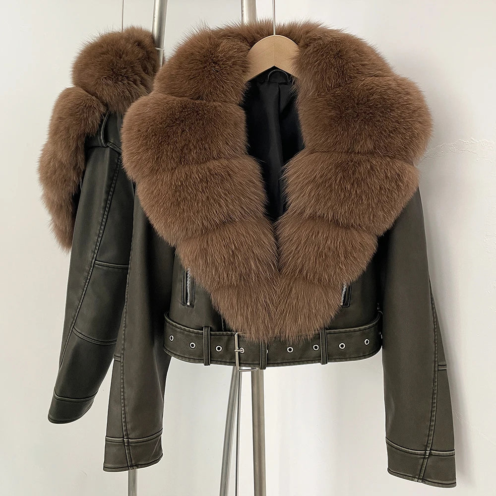Fake Leather Coat New Natural Fox Fur Autumn Short Faux Leather Jacket Female Spring PU Women Long Sleeve Real Fur Coat Thin