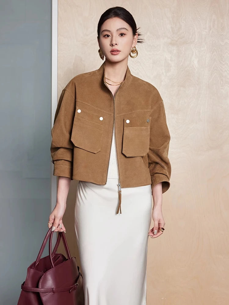 Genuine Leather Cropped Jackets for Women Spring Autumn High-end Simple Stand Collar Deer-patterned Real Goatskin Leather Coat