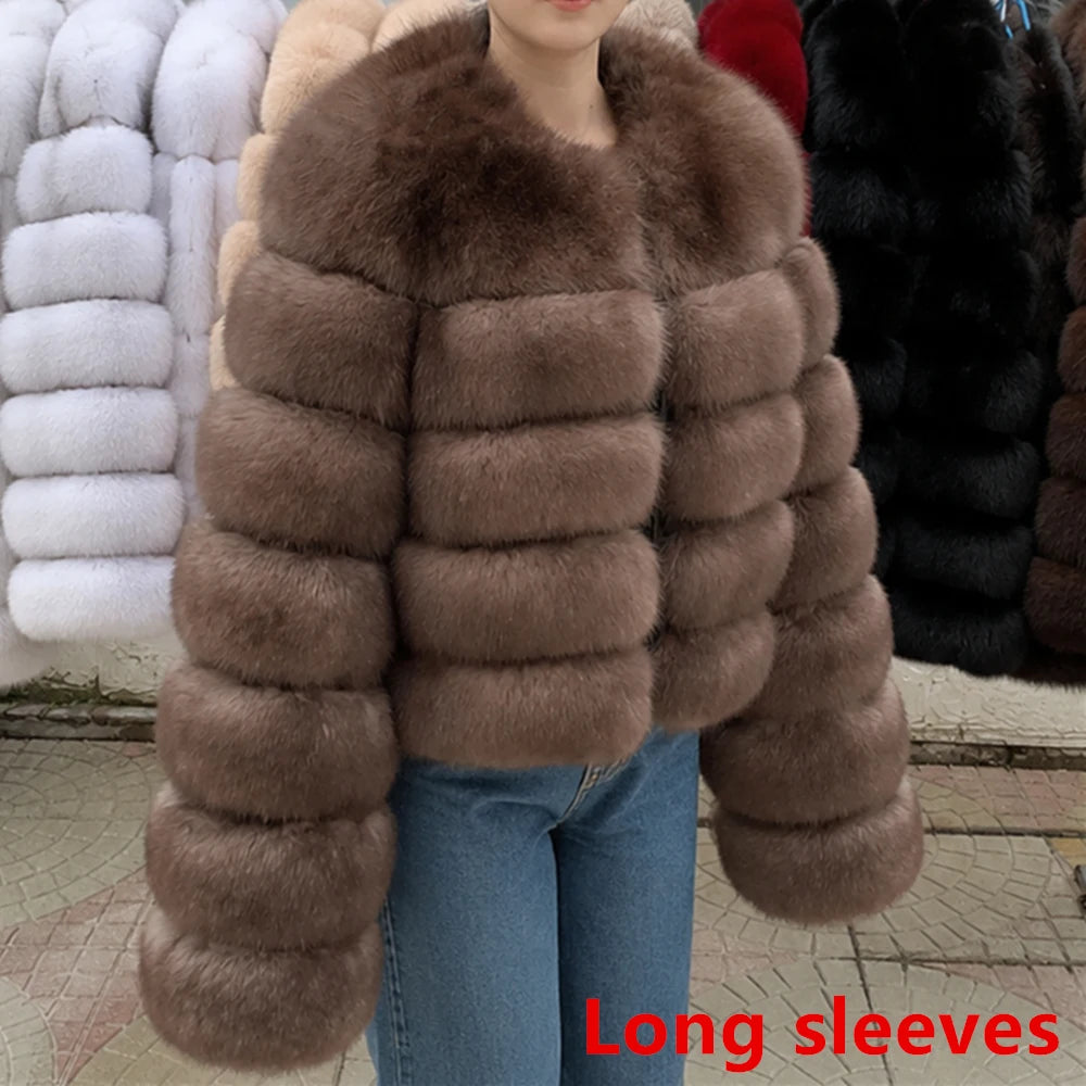 QUEENTINA Fox Fur Coat Long Sleeves Real Winter Women'S Brown 2025 Leather And Skin Clothing Natural New In Coats & Jackets