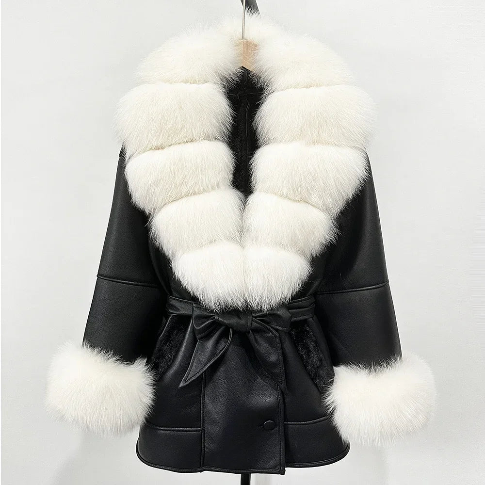 OFTBUY Real Fox Fur Jacket Lamb Fur Ladies 2025 Large Fur Coat Women Faux Leather Jacket New Autumn Winter Warm Outwear Tops