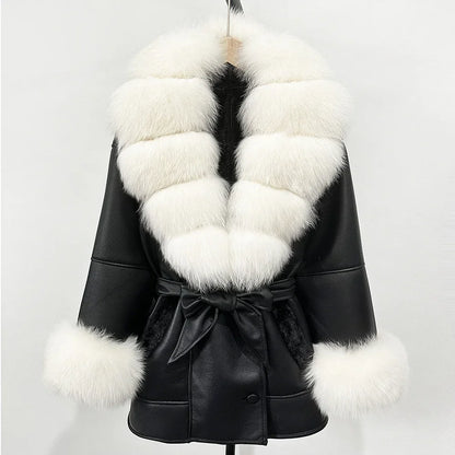 OFTBUY Real Fox Fur Jacket Lamb Fur Ladies 2025 Large Fur Coat Women Faux Leather Jacket New Autumn Winter Warm Outwear Tops