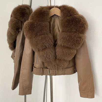Fake Leather Coat New Natural Fox Fur Autumn Short Faux Leather Jacket Female Spring PU Women Long Sleeve Real Fur Coat Thin