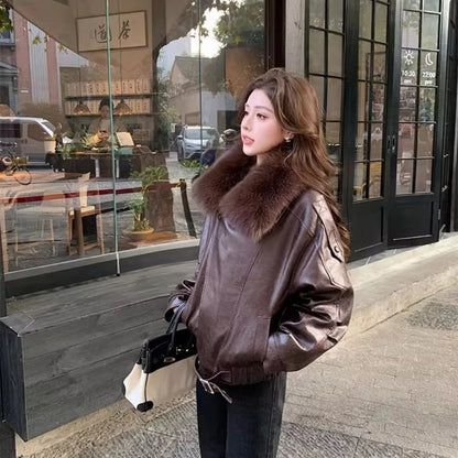 OFTBUY Women's Detachable Real Fox Fur Collar Goose Down Jacket New Winter Top Clothes Oil Wax Faux Leather Puffer Coat Female