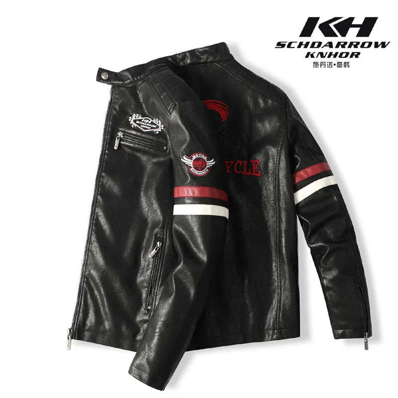 Motorcycle Racing Leather Jacket for Men, Embroidered Color Matching Jacket, Punk Rock Jacket, Autumn and Winter  business men