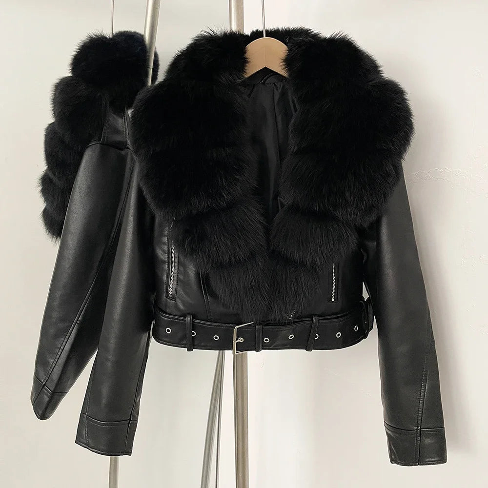 Fake Leather Coat New Natural Fox Fur Autumn Short Faux Leather Jacket Female Spring PU Women Long Sleeve Real Fur Coat Thin