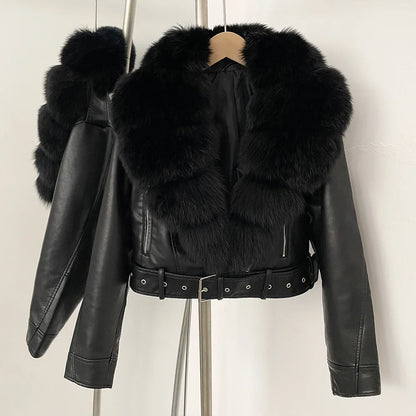 Fake Leather Coat New Natural Fox Fur Autumn Short Faux Leather Jacket Female Spring PU Women Long Sleeve Real Fur Coat Thin