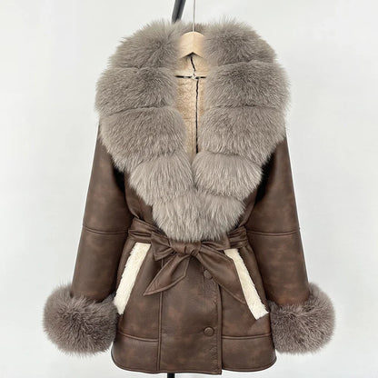 OFTBUY Real Fox Fur Jacket Lamb Fur Ladies 2025 Large Fur Coat Women Faux Leather Jacket New Autumn Winter Warm Outwear Tops