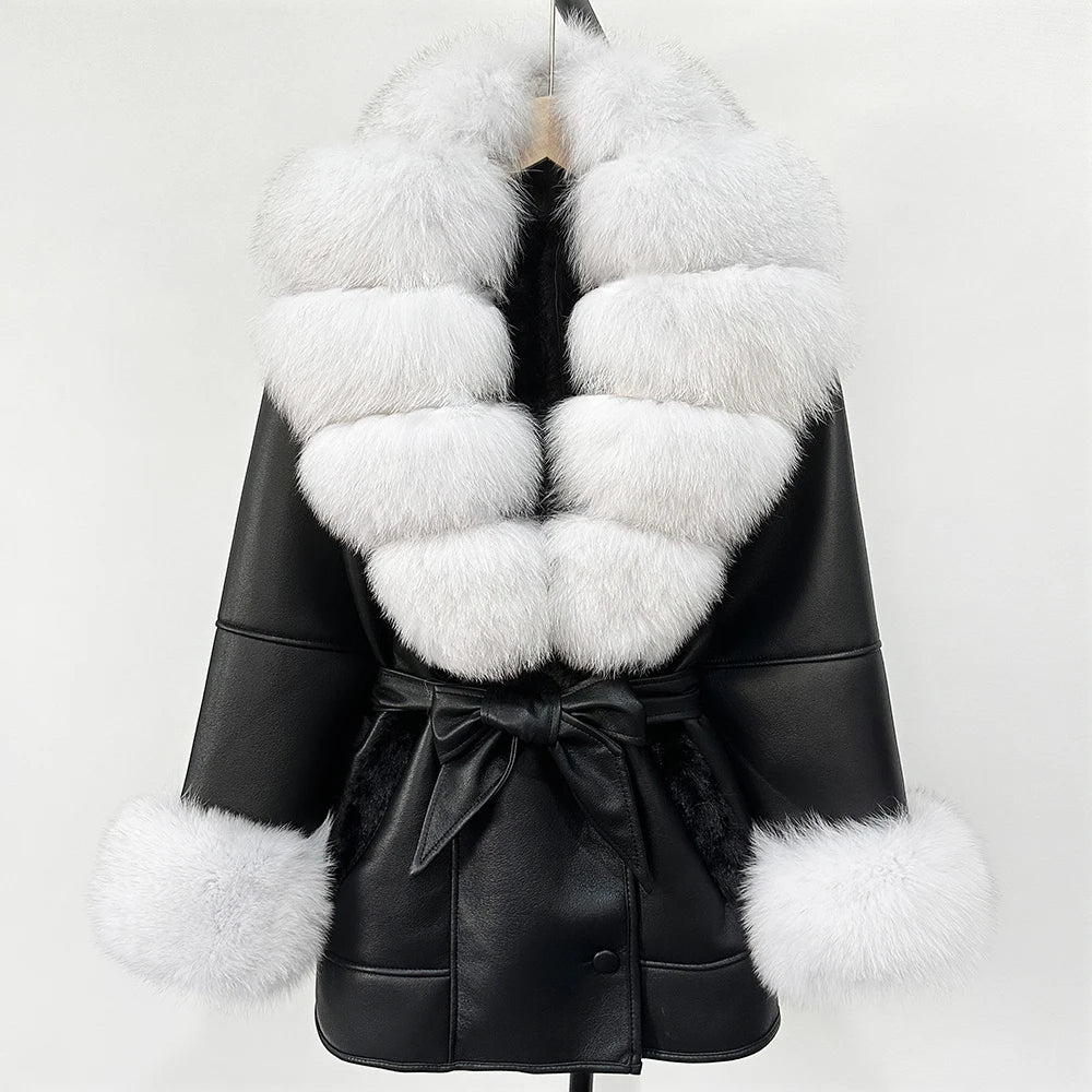 OFTBUY Real Fox Fur Jacket Lamb Fur Ladies 2025 Large Fur Coat Women Faux Leather Jacket New Autumn Winter Warm Outwear Tops