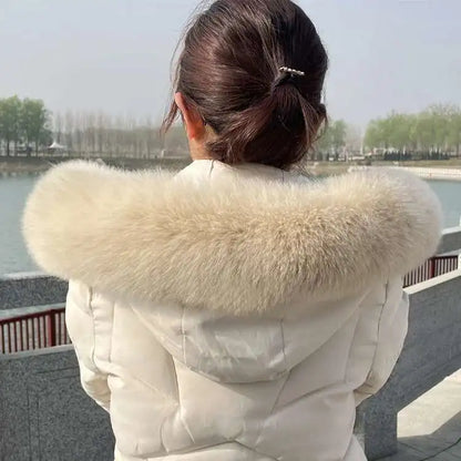 Winter Fox Fur Collar Women Real Fur Shawls Scarf Warm Genuine Leather Grass Down Jacket Cotton-padded Jacket Hood Trims Decor